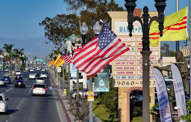 Flags of the former South Vietnam and the United States flutter along Bolsa Avenue in the Little Saigon neighborhood of Westminster, California, on Monday, April 21, 2025. (Photo by Jeff Gritchen/Orange County Register/SCNG)