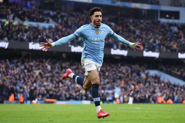 Omar Marmoush of Manchester City celebrates after scoring the first goal during the Premier League match between Manchester City FC and Newcastle United FC at Etihad Stadium on February 15, 2025 in Manchester, England.