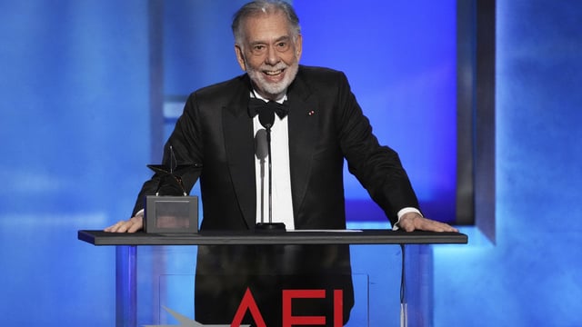 Filmmaker Francis Ford Coppola accepts the 50th AFI Life Achievement Award during a gala celebration for him on Saturday, April 26, 2025, at the Dolby Theatre in Los Angeles. (AP Photo/Chris Pizzello)