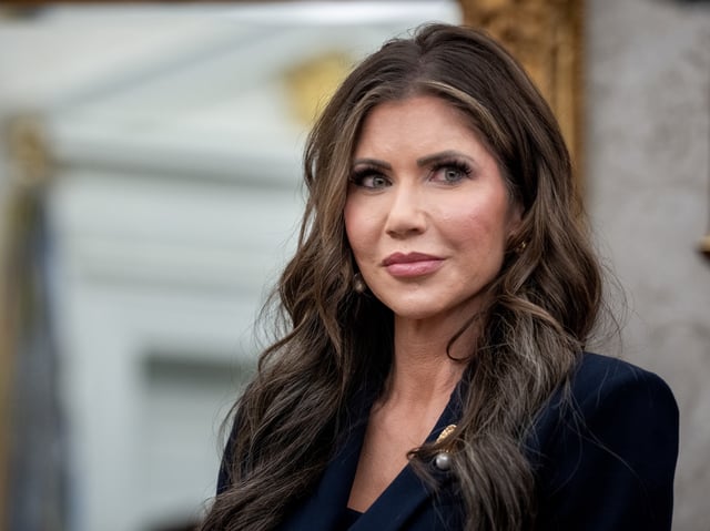 Kristi Noem, secretary of the US Department of Homeland Security (DHS), during a meeting with US President Donald Trump and Nayib Bukele, El Salvador's president, not pictured, in the Oval Office of the White House in Washington, DC, US, on Monday, April 14, 2025. Bukele said a Maryland man deported to his country by Trump's administration would not be returned to the US, even as the Supreme Court has called for Trump's administration to facilitate his release. Photographer: Ken Cedeno/UPI/Bloomberg