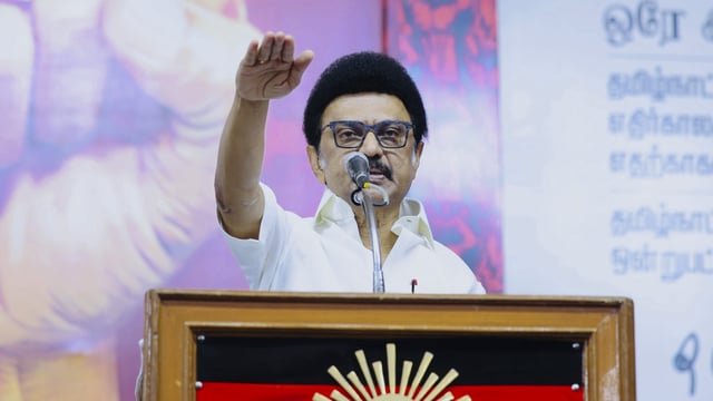 Tamil Nadu chief minister MK Stalin addresses a gathering during a public meeting, in Tiruvallur district of Tamil Nadu.
