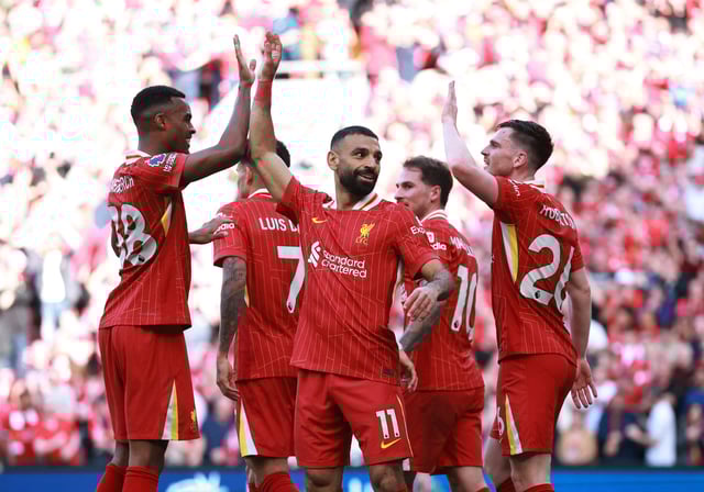 Soccer Football - Premier League - Liverpool v Tottenham Hotspur - Anfield, Liverpool, Britain - April 27, 2025 Liverpool's Mohamed Salah celebrates scoring their fourth goal with teammates REUTERS/Phil Noble