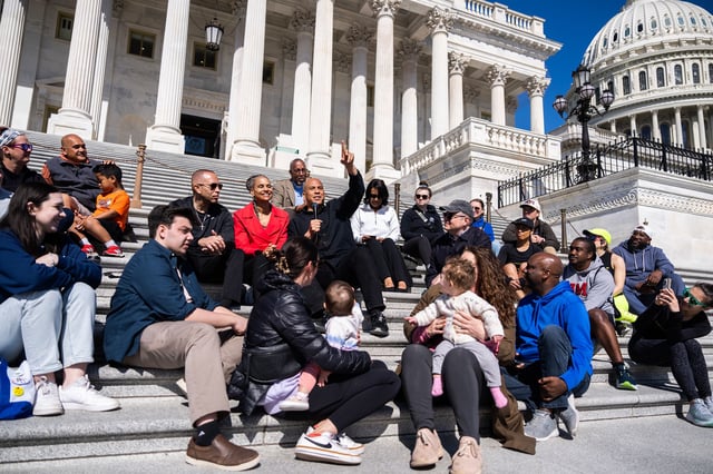 From left, House Minority Leader Hakeem Jeffries, D-N.Y., Maya Wiley, president of the Leadership Conference on Civil and Human Rights, and Sen. Cory Booker, D-N.J., conduct a live-streamed conversation with Americans focused on "our common values, our faith traditions and the moral moment facing our nation," on the House steps of the U.S. Capitol on Sunday, April 27, 2025.