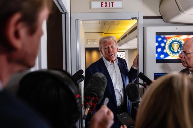President Donald Trump speaks with reporters as he travels to the funeral of Pope Francis aboard Air Force One, April 25, 2025. In response to a White House proposal to end the war in Ukraine that critics say would grant the Kremlin much of what it wants, Ukraine’s leadership has drafted a counteroffer they plan to deliver to Trump’s team. (Eric Lee/The New York Times)