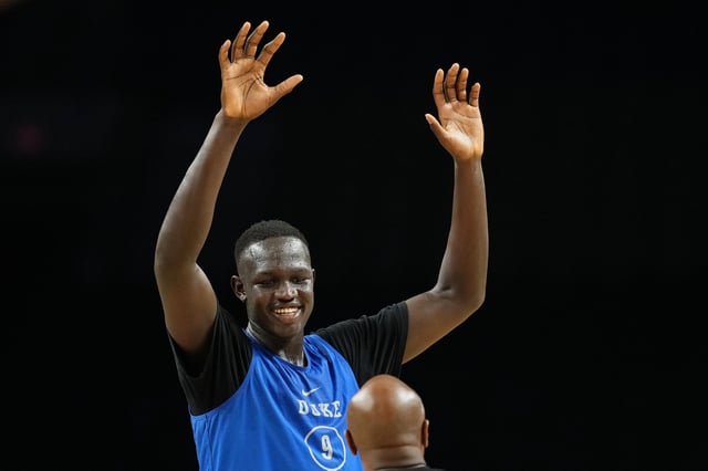 Apr 4, 2025; San Antonio, TX, USA; Duke Blue Devils center Khaman Maluach (9) during a practice session for the Final Four of the 2025 NCAA tournament at Alamodome. Mandatory Credit: Bob Donnan-Imagn Images/File Photo
