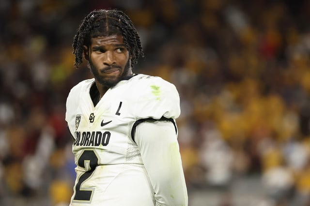 TEMPE, ARIZONA - OCTOBER 07: Quarterback Shedeur Sanders #2 of the Colorado Buffaloes watches from the sidelines during the second half of the NCAAF game against the Arizona State Sun Devils at Mountain America Stadium on October 07, 2023 in Tempe, Arizona. The Buffaloes defeated the Sun Devils 27-24.