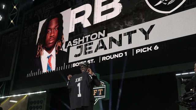 Boise State Broncos running back Ashton Jeanty is selected by the Las Vegas Raiders as the number six pick in the first round of the 2025 NFL Draft at Lambeau Field.
