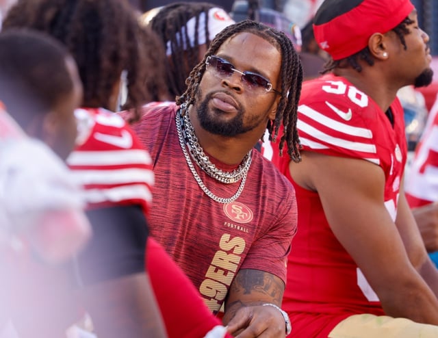 San Francisco 49ers’s Dre Greenlaw (57) sits on the bench during their game against the New England Patriots in the fourth quarter at Levi’s Stadium in Santa Clara, Calif., on Sunday, Sept. 29, 2024. (Nhat V. Meyer/Bay Area News Group)