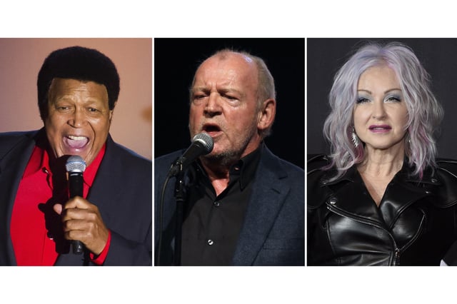 This combination of photos shows Cubby Checker at the Songwriters Hall of Fame Awards in New York on June 12, 2014, left, British singer Joe Cocker performing in Monaco on Aug. 5, 2011, center, and Cyndi Lauper at the MTV Video Music Awards in New York on Sept. 12, 2021. (AP Photo)