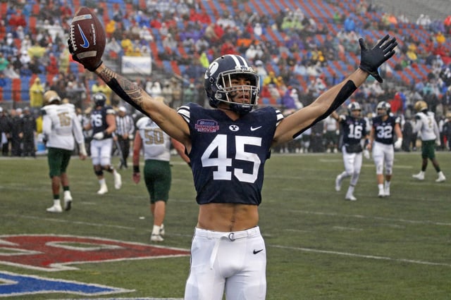 Dec 18, 2021; Shreveport, LA, USA; BYU Cougars wide receiver Samson Nacua (45) reacts after scoring a touchdown during the second quarter against the UAB Blazers during the 2021 Independence Bowl at Independence Stadium. Mandatory Credit: Petre Thomas-USA TODAY Sports/File Photo