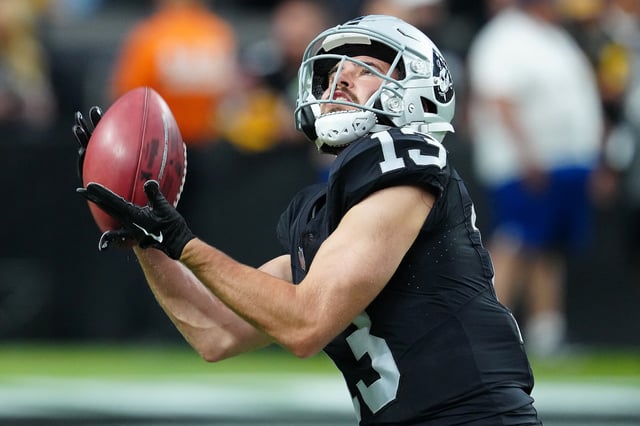 Sep 24, 2023; Paradise, Nevada, USA; Las Vegas Raiders wide receiver Hunter Renfrow (13) warms up before a game against the Pittsburgh Steelers at Allegiant Stadium. Mandatory Credit: Stephen R. Sylvanie-USA TODAY Sports/File Photo