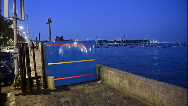 Mumbai, India - April 27, 2025:Barricade installed for upcoming Jetty near Radio Club and Gateway of India, in Mumbai, India, on Sunday, April 27, 2025. (Photo by Anshuman Poyrekar/ Hindustan Times) (Hindustan Times)