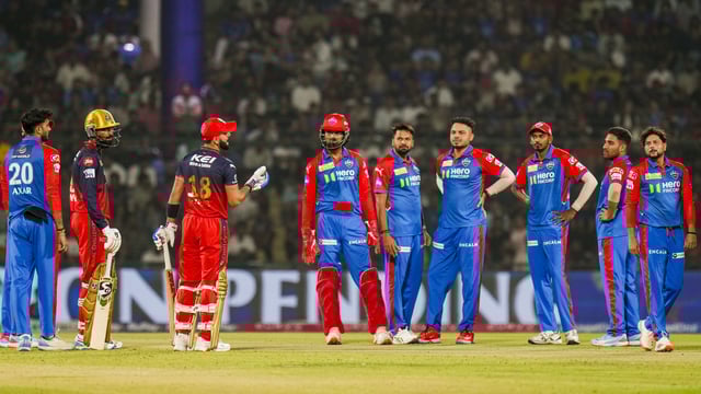 Virat Kohli reacts during the DC vs RCB match.