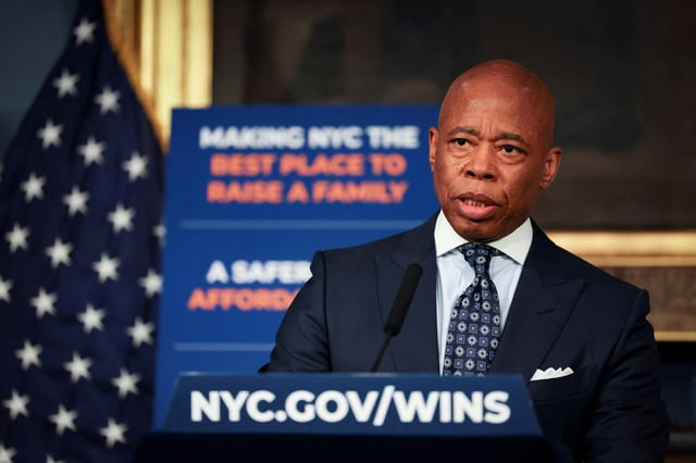 New York City Mayor Eric Adams speaks during a press conference at City Hall in Manhattan in New York City, U.S., March 24, 2025. REUTERS/Jeenah Moon/File Photo