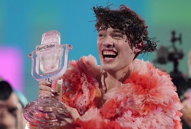 FILE - Nemo of Switzerland, who performed the song The Code, celebrates after winning the Grand Final of the Eurovision Song Contest in Malmo, Sweden, on May 12, 2024. (AP Photo/Martin Meissner, File)
