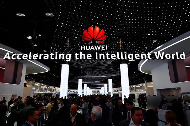 The Huawei logo, the Chinese multinational digital communications technology conglomerate corporation that designs, develops, manufactures, and sells telecommunications equipment, consumer electronics, smart devices, and various rooftop solar products, is on their stand during the Mobile World Congress 2025 in Barcelona on March 5, 2025.