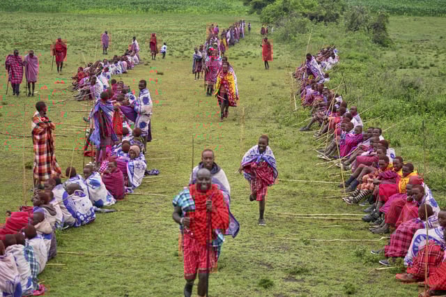 Children of the Maasai tribe gather on an open field, during the Enkipaata ceremony, a Maasai male rite of passage, specifically the initiation of boys, marking the transition from childhood to becoming a moran (warrior) in Olaimutiai, Narok County, Kenya Thursday, April 24, 2024. (AP Photo/Brian Inganga)