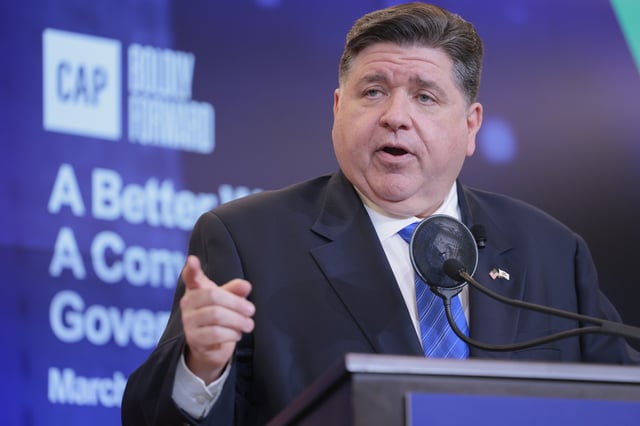 Illinois Gov. JB Pritzker speaks at the office of The Center for American Progress (CAP) Action Fund on March 18, 2025 in Washington, DC.