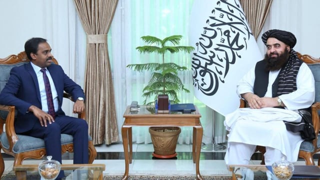 India diplomat M Anand Prakash (left) with the Taliban’s acting foreign minister Amir Khan Muttaqi in Kabul. (Photo from X)