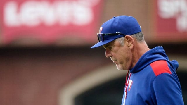 Apr 27, 2025; San Francisco, California, USA; Texas Rangers manager Bruce Bochy (15) walks to the mound for a pitching change against the San Francisco Giants during the seventh inning at Oracle Park. Mandatory Credit: Robert Edwards-Imagn Images