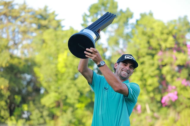 Joaquin Niemann of Torque GC poses for a photo with the trophy after winning the final round during day three of LIV Golf Mexico City at Club de Golf Chapultepec on April 27, 2025 in Mexico City, Mexico.