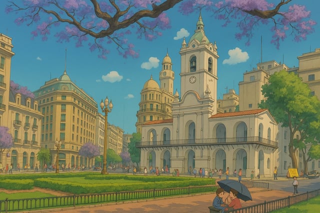 La Plaza de Mayo generada con inteligencia artificial bajo la inspiración de Estudio Ghibli. Crédito: Argentina Ghibli
