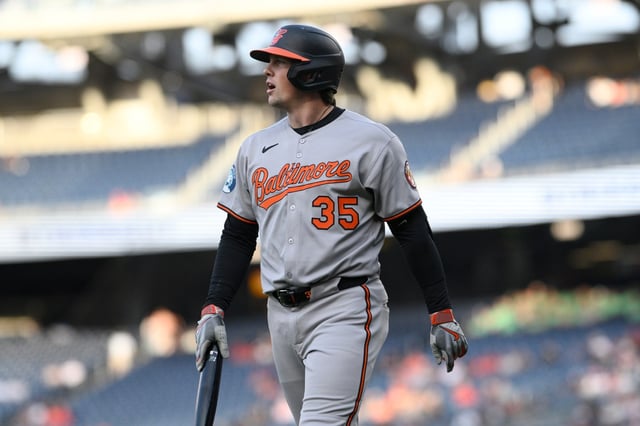Baltimore Orioles&#39; Adley Rutschman in action during a baseball game against the Washington Nationals, Thursday, April 24, 2025, in Washington. (AP Photo/Nick Wass)