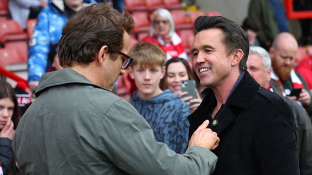 Actors and Wrexham owners Rob McElhenney and Ryan Reynolds before the Wrexham v Charlton Athletic match on April 26, 2025.
Action Images via Reuters/Craig Brough 