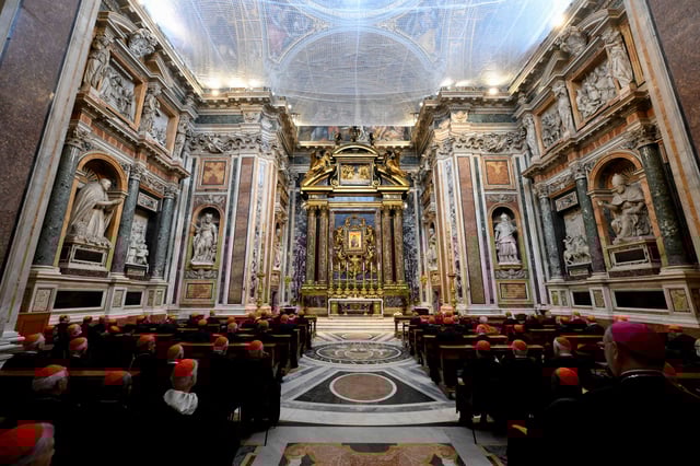 Cardinals attend the Vespers prayers after visiting the tomb of Pope Francis in Papal Basilica of Saint Mary Major (Santa Maria Maggiore), in Rome, Italy, April 27, 2025. Francesco Sforza/Vatican Media/­Handout via REUTERS