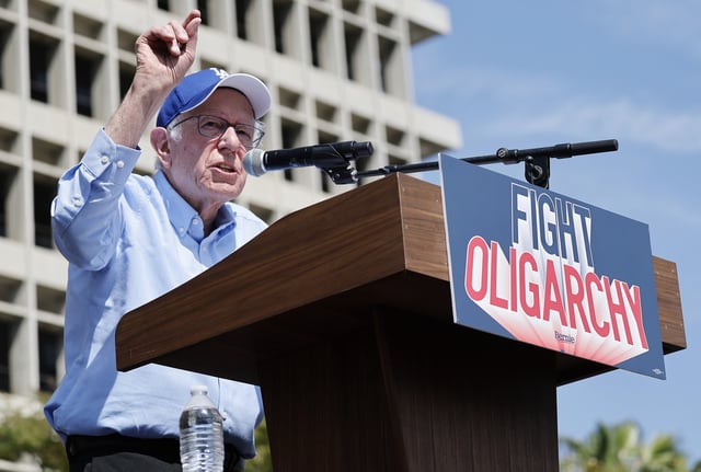 Sen. Bernie Sanders speaks during a stop on his ‘Fighting Oligarchy’ tour at Grand Park on April 12, 2025 in Los Angeles, California. He has spoken out against Sen. Elissa Slotkin&#39;s comment that Democrats shouldn&#39;t use words like &#34;oligarchy.&#34;