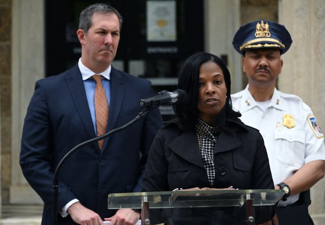 Dr. Myriam Rogers, superintendent of Baltimore County Public Schools, speaks about the arrest of Dazhon Darien, Pikesville High’s athletic director, who allegedly used artificial intelligence to create a fake racist recording of the school’s principal. Standing with her are Baltimore County Executive John Olszewski, Jr. and Police Chief Robert McCullough.