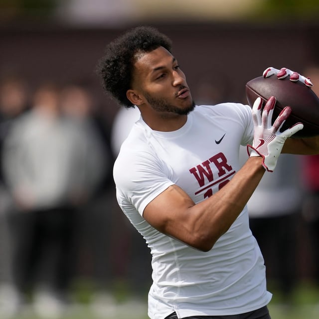 Wide receiver Elic Ayomanor during Stanford football Pro Day event in Stanford, Calif., on March 19, 2025. THE CANADIAN PRESS/AP, Jeff Chiu