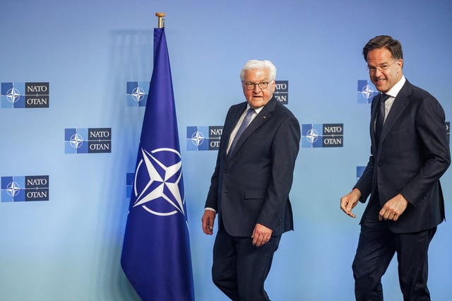 German President Frank-Walter Steinmeier and NATO Secretary General Mark Rutte react on the day of the ceremony to mark the 70th anniversary of Germany joining NATO, in the North Atlantic Treaty Organisation (NATO) headquarters in Brussels, Belgium, 28 April 2025.     OLIVIER MATTHYS/Pool via REUTERS