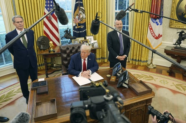 President Donald Trump along with  Treasury Secretary Scott Bessent, left, and Commerce Secretary nominee Howard Lutnick have imposed sweeping tariffs on all US imports (AP Photo/Evan Vucci)
