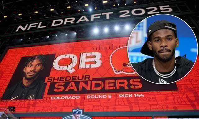 A screen shows Colorado quarterback Shedeur Sanders (inset) after being chosen by the Cleveland Browns with the 144th overall pick during the third day of the NFL football draft, Saturday, April 26, 2025, in Green Bay, Wis. (AP Photo/Jeff Roberson)