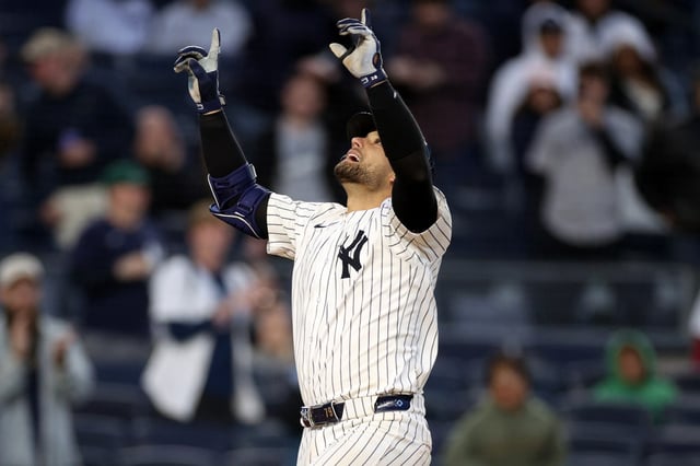 NEW YORK, NEW YORK - APRIL 27: J.C Escarra #25 of the New York Yankees celebrates his solo home run in the eighth inning against the Toronto Blue Jays during game two of a doubleheader at Yankee Stadium on April 27, 2025 in New York City. (Photo by Evan Bernstein/Getty Images)