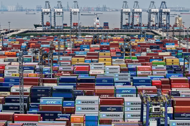 Shipping containers pile up at a terminal in Shanghai, China, on April 20, 2025. (Chinatopix)