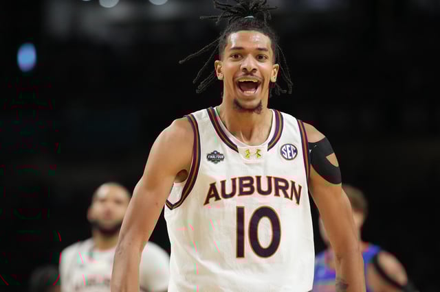 Apr 5, 2025; San Antonio, TX, USA; Auburn Tigers guard Chad Baker-Mazara (10) reacts after making a basket against the Florida Gators in the semifinals of the men's Final Four of the 2025 NCAA Tournament at the Alamodome. Robert Deutsch-Imagn Images/ File Photo