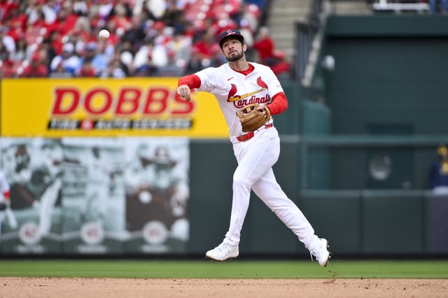 Apr 27, 2025; St. Louis, Missouri, USA;  St. Louis Cardinals second baseman Thomas Saggese (25)b throws on the run against the Milwaukee Brewers during the fourth inning at Busch Stadium. Mandatory Credit: Jeff Curry-Imagn Images/File Photo