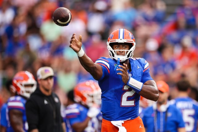 GAINESVILLE, FLORIDA – SEPTEMBER 07: DJ Lagway #2 of the Florida Gators warms up before the start of a game against the Samford Bulldogs at Ben Hill Griffin Stadium on September 07, 2024 in Gainesville, Florida. (Photo by James Gilbert/Getty Images)