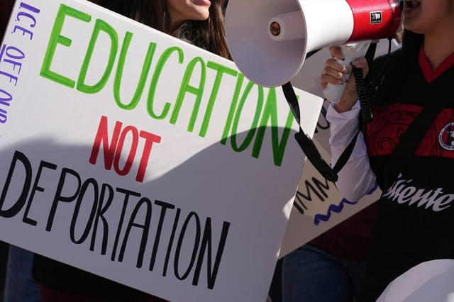 Students march at Arizona State University in protest of ASU&#39;s chapter of College Republicans United-led event encouraging students to report their criminal classmates to ICE for deportations on Jan. 31, 2025, in Tempe, Ariz. (AP Photo/Ross D. Franklin, File)