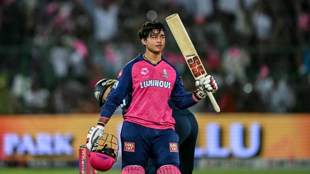 Rajasthan Royals' Vaibhav Suryavanshi celebrates after scoring a century during the Indian Premier League (IPL) Twenty20 cricket match between Rajasthan Royals and Gujarat Titans at the Sawai Mansingh Stadium in Jaipur 