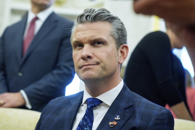 Secretary of Defense Pete Hegseth listens as President Donald Trump meets with Norwegian Prime Minister Jonas Gahr Støre during a bilateral meeting in the Oval Office of the White House, Thursday, April 24, 2025, in Washington.