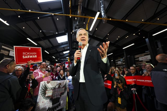 Liberal Leader Mark Carney makes a campaign stop in Saskatoon, Sask., on Sunday, April 27, 2025. THE CANADIAN PRESS/Sean Kilpatrick