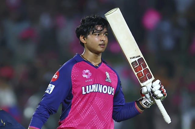 Rajasthan Royals&#39; Vaibhav Suryavanshi celebrates his century during the Indian Premier League (IPL) 2025 cricket match between Rajasthan Royals and Gujarat Titans in Jaipur on April 28, 2025.