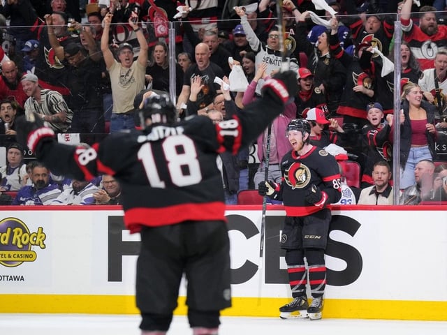 Jake Sanderson of the Ottawa Senators celebrates his overtime goal against the Toronto Maple Leafs in Game 4 at the Canadian Tire Centre on April 26, 2025.