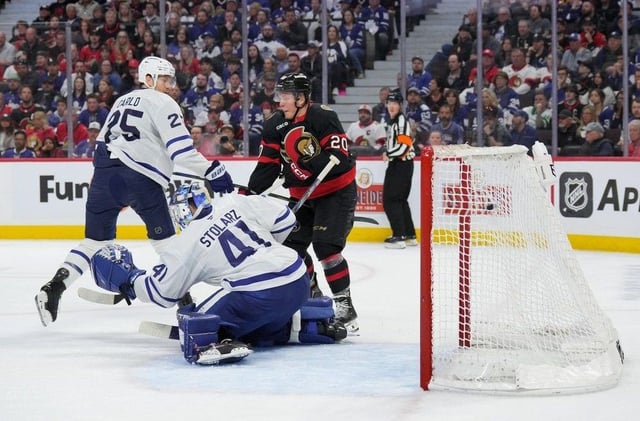  Jake Sanderson (not shown) of the Ottawa Senators scores against Anthony Stolarz of the Toronto Maple Leafs to win Game 4 in overtime.