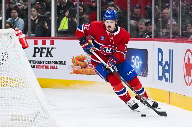 Mar 15, 2025; Montreal, Quebec, CAN; Montreal Canadiens defenseman Arber Xhekaj (72) skates with the puck near the net against the Florida Panthers in the second period at Bell Centre. Mandatory Credit: David Kirouac-Imagn Images/File Pghoto