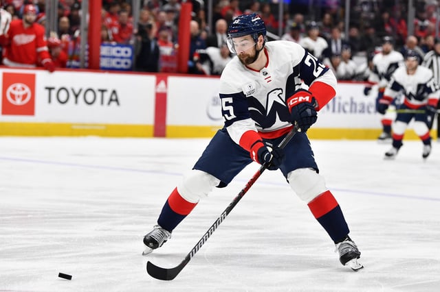Feb 21, 2023; Washington, District of Columbia, USA; Washington Capitals defenseman Dylan McIlrath (25) handles the puck against the Detroit Red Wings during the second period at Capital One Arena. Mandatory Credit: Brad Mills-USA TODAY Sports/File Photo