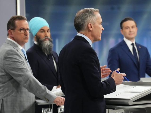 From left, Bloc Leader Yves-Francois Blanchet, New Democratic Party Leader Jagmeet Singh, Liberal Leader Mark Carney and Conservative Leader Pierre Poilievre participate in the French-language federal leaders' debate at Maison de Radio-Canada in Montreal on April 16, 2025. 